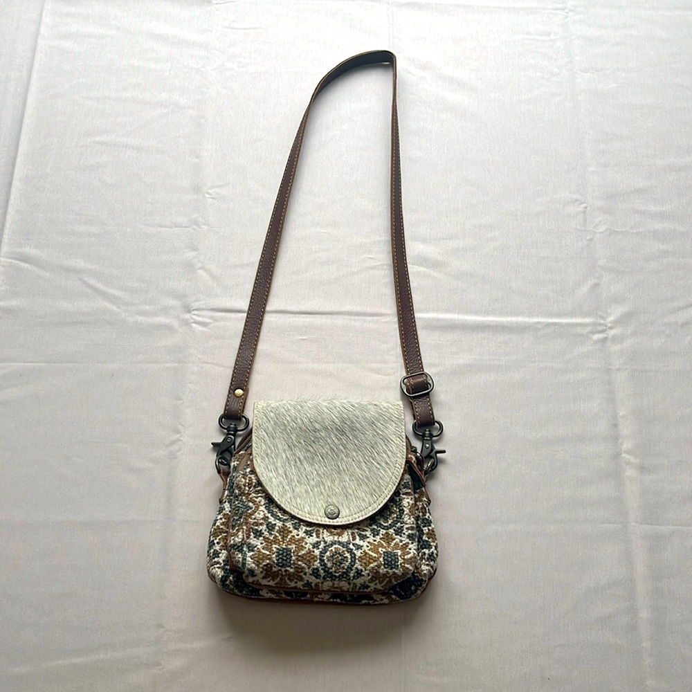 Myra Cowhide and Canvass Purse with Adjustable Shoulder Strap